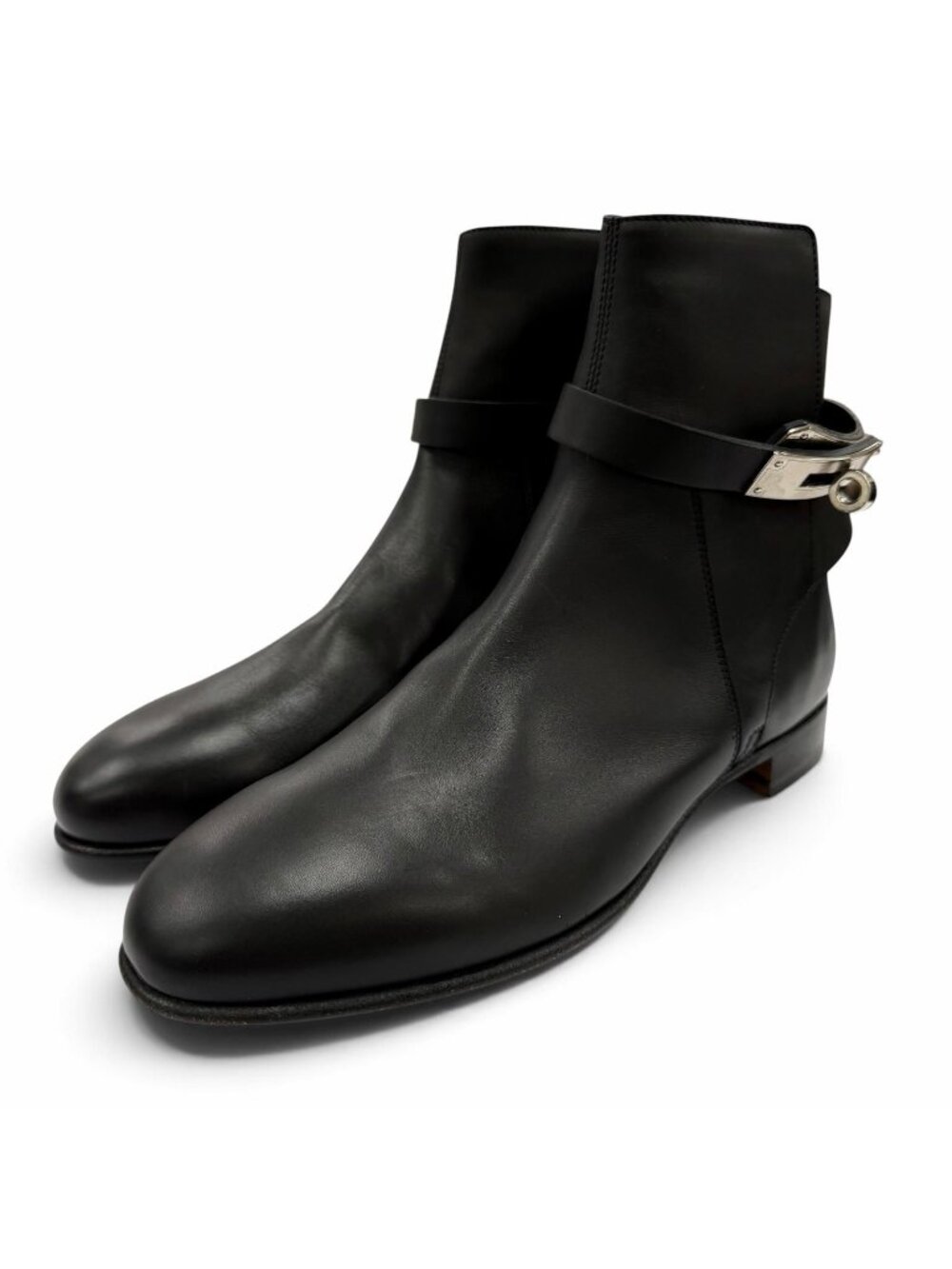 Hermes Neo Silver Kelly Buckle Leather Short Boots Black
